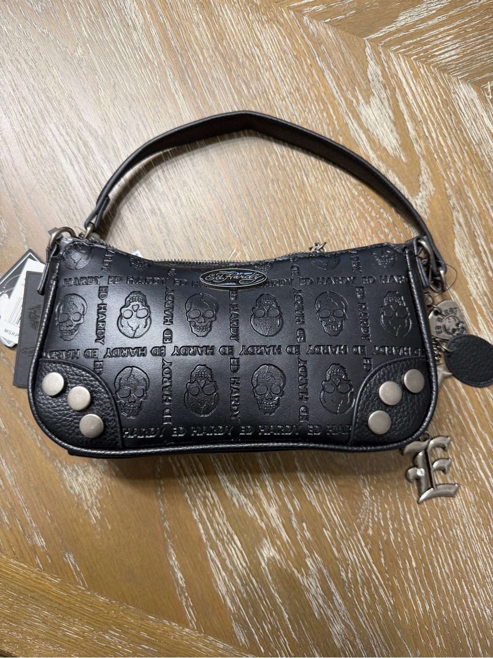 Ed Hardy Skull and Logo Embossed Baguette Shoulder Bag